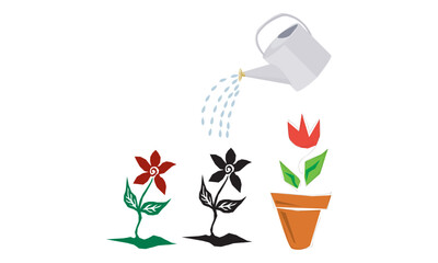 Illustration of a person watering a small plant with a green watering can on a white