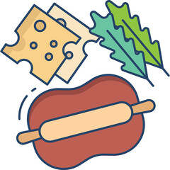 Flat Design Illustration of Pizza Dough Cheese and Lettuce With a Rolling Pin Against a Transparent Background