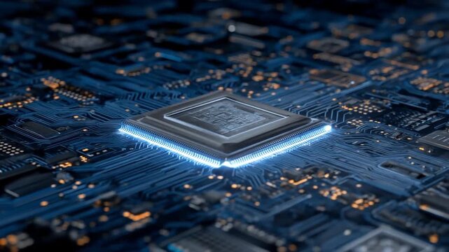 Close up of a digital processor with glowing circuits and technology