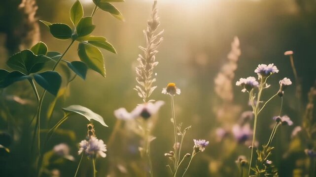 Sunlit meadow with wildflowers, peaceful nature scene, golden hour light