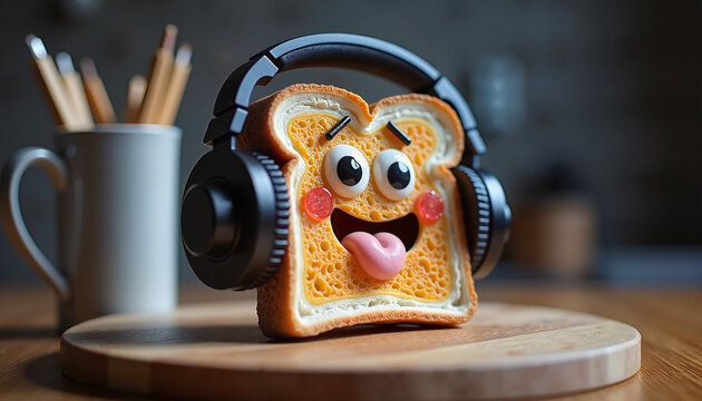 Slice of toast wearing headphones, silly cartoon food character on table