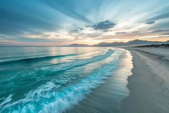 Serene ocean waves gently lap a tranquil sandy beach at sunrise with distant mountains veiled in mist