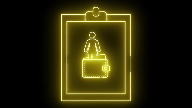 Glowing yellow outline of clipboard holding a woman standing on a wallet