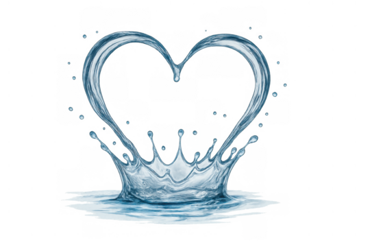 Clear water splash creating a heart shape, symbolizing love, purity, refreshment, and health with transparent background