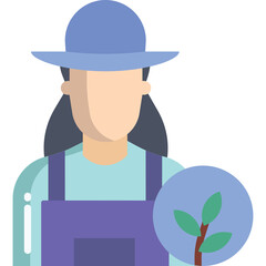 Farmer Woman With Blue Hat And Purple Overalls Holds A Small Plant With Green Leaves Inside A Blue Circle And A Transparent Background