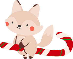 Cute Fox Riding a Christmas Candy Cane