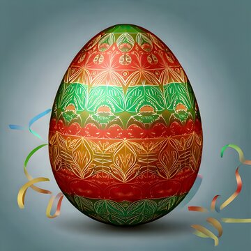 Intricately Decorated Easter Egg with Vibrant Colors and Geometric Patterns.