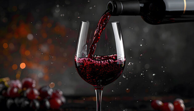 Close-up of red wine pouring into black crystal glass, dark background, luxury, elegant lifestyle detail.