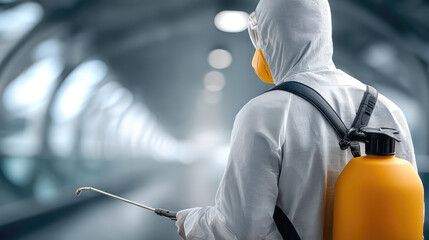 Professional pest control worker in protective suit spraying disinfectant in modern building, ensuring safety and cleanliness