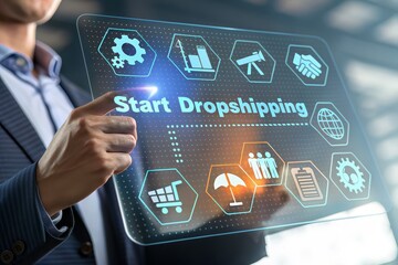 Business professional launching online store, exploring dropshipping opportunities on futuristic interface
