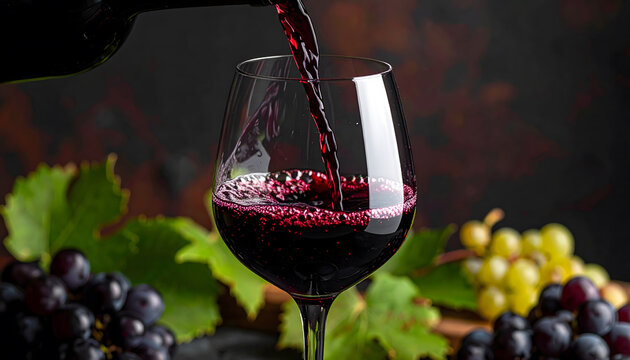 Close-up of red wine pouring into black crystal glass, dark background, luxury, elegant lifestyle detail.