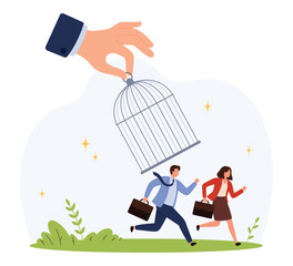 Business people running from a large hand holding a birdcage, symbolizing lack of freedom, workplace escape, and employee dissatisfaction, isolated vector illustration