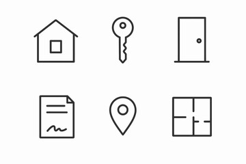 Minimalist home icons: house, key, door, document, location, floor plan