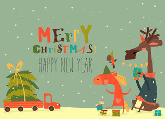 Cute Elk and Red Horse celebrating Christmas
