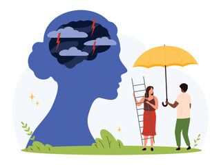 Concept of mental health support with people helping to overcome emotional storms, symbolizing care, empathy, and psychological assistance in a flat isolated vector illustration