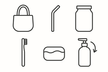 Eco-friendly minimalist icons: bag, straw, jar, toothbrush, soap, pump bottle