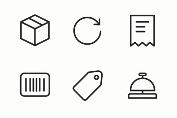 Minimalist icons: package, refresh, receipt, barcode, tag, bell
