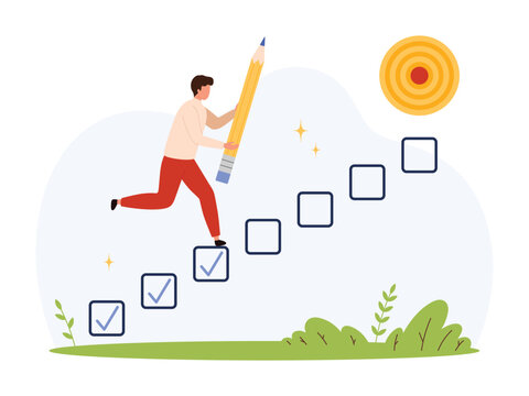Person holding pencil ascending checkmarked steps toward a goal symbolizing career growth, achievement, personal development, and progress in a flat isolated vector illustration