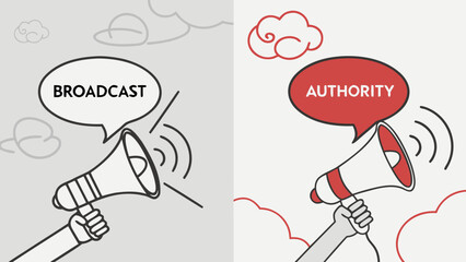 Megaphone broadcasting message of authority versus simple broadcast