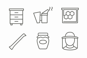 Beekeeping tools and equipment icons including honey jar and beekeeper hat