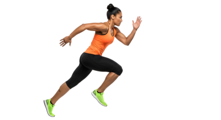 Athletic woman sprinting in sportswear isolated on black background, dynamic fitness training and running workout image
