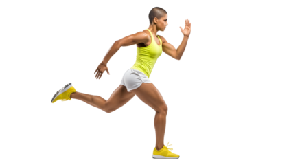 Athletic woman running sprinting in bright sportswear and running shoes isolated on black background, fitness and training concept