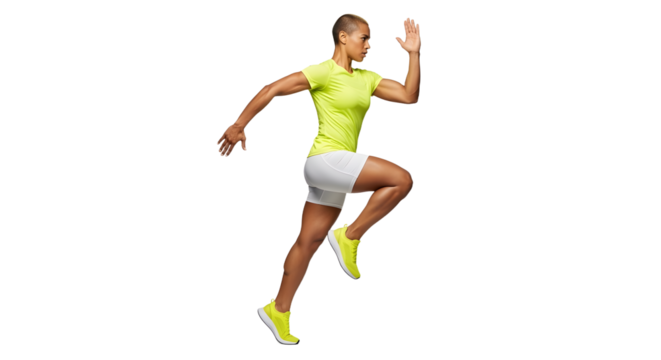 Athletic woman running isolated on black background in neon activewear, fitness and workout concept perfect for sports campaigns - Powered by Adobe