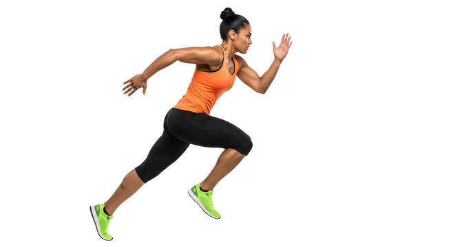 Athletic woman sprinting in sportswear isolated on black background, dynamic fitness training and running workout image