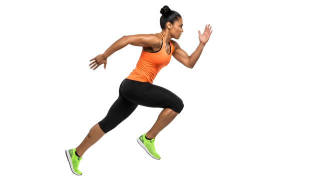 Athletic woman sprinting in sportswear isolated on black background, dynamic fitness training and running workout image