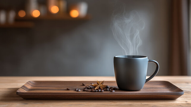 Matte charcoal ceramic coffee mug with steam on wooden tray, coffee bean, star anise, cozy warm atmosphere - Powered by Adobe