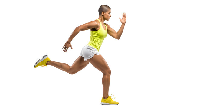 Athletic woman running sprinting in bright sportswear and running shoes isolated on black background, fitness and training concept