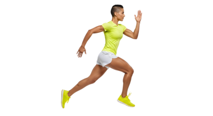 Athletic young woman sprinting in bright yellow sportswear and white shorts isolated on white background, perfect for fitness and sports themes