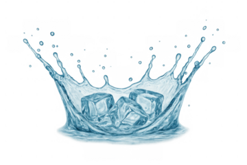 Ice cubes splashing into refreshing water creating a dynamic splash with droplets on transparent background