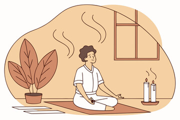 Person meditating peacefully in a room with plants and candles
