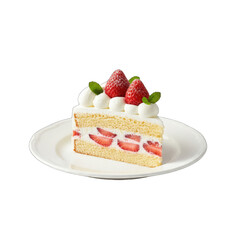 A Slice Of Strawberry Shortcake With Whipped Cream And Fresh Strawberries On Top Isolated On A White Plate Studio Shot