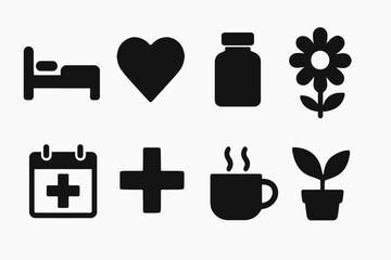 Collection of health and lifestyle icons: bed, heart, medicine, flower, calendar, cross, coffee, plant