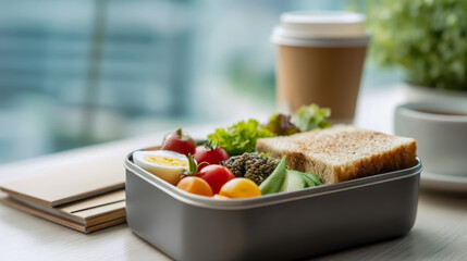 A healthy office lunch box with a sandwich, boiled egg, cherry tomatoes, lentils and fresh salad