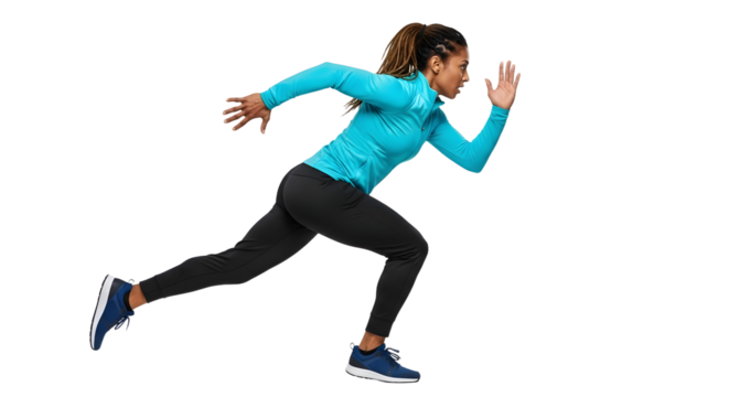Woman running fast in athletic wear isolated on white background, sprinting exercise, fitness training and sports activity, perfect for fitness campaigns - Powered by Adobe