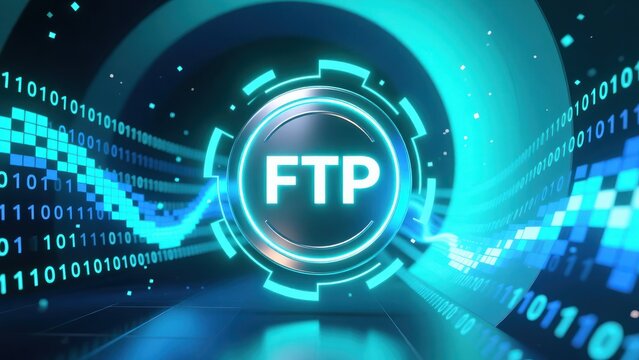Circular ftp glowing text over blue digital grid showing secure network and file exchange concept
