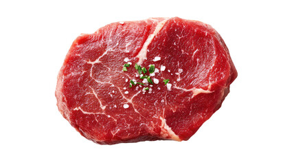 Obraz premium Raw beef steak or meat with fat on a white background, a fresh uncooked sirloin fillet ready for cooking