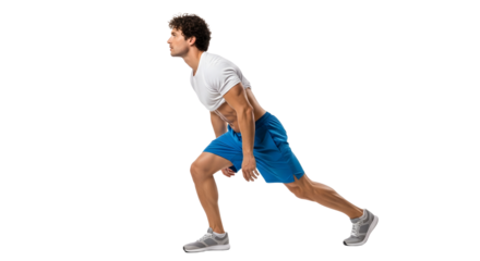 Young man in activewear performing deep lunge stretch for fitness and flexibility training, perfect for workout and exercise concepts