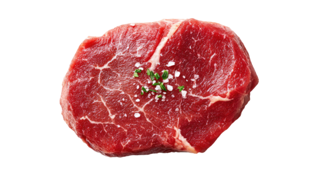 Raw beef steak or meat with fat on a white background, a fresh uncooked sirloin fillet ready for cooking