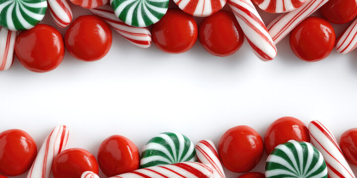 Red candy white candy green candy peppermint striped sweet festive holiday border background create cheerful holiday border with red white