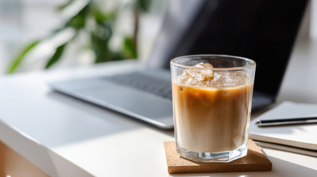 Iced latte in a glass on a modern office desk with laptop and notepad, refreshing drink for workspace