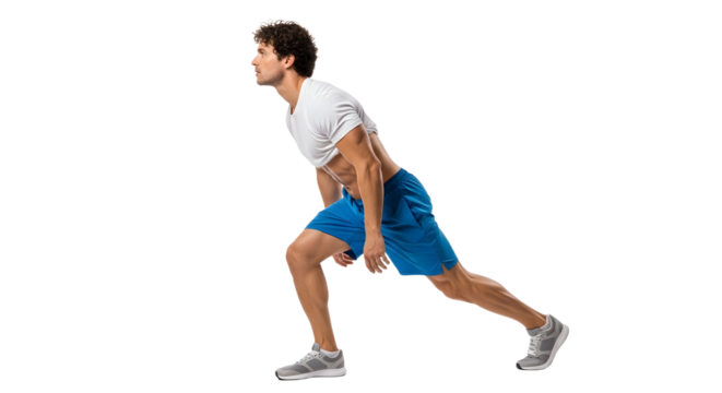 Young man in activewear performing deep lunge stretch for fitness and flexibility training, perfect for workout and exercise concepts