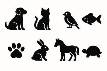 Obraz premium Silhouette icons of popular pets including dog, cat, bird, fish, and more