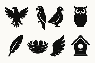 Bird silhouettes: eagle, parrot, dove, owl, feather, nest, wing, birdhouse icons