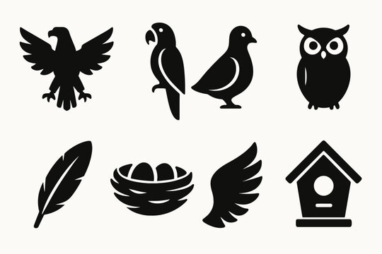 Bird silhouettes: eagle, parrot, dove, owl, feather, nest, wing, birdhouse icons
