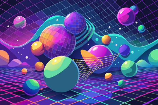 Retro futuristic grid landscape with disco balls and spheres