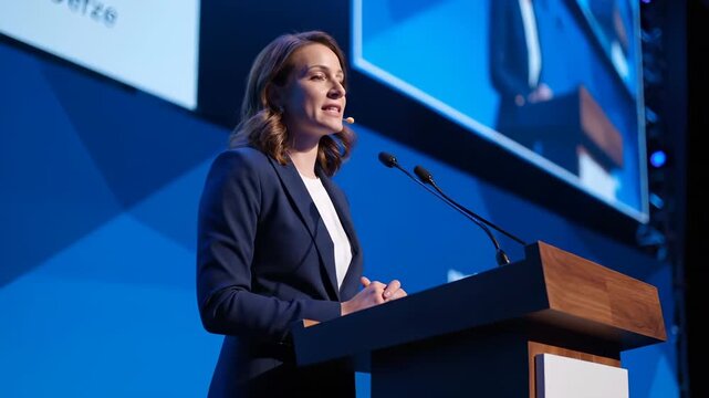 Onstage, woman speaker at podium delivers presentation with microphone. stage backdrop features conference signage and large screen. speech addresses audience during event. Formal attire present.